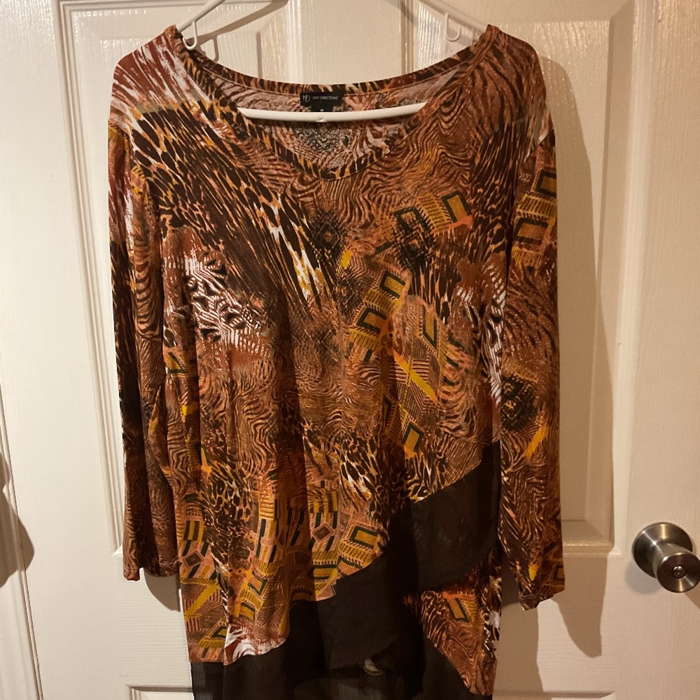 New Directions Long Sleeve Animal Print Swing Tunic w/ a Sheer Black Hem